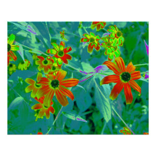Póster Flores rojas y amarillas trippy en azul retro