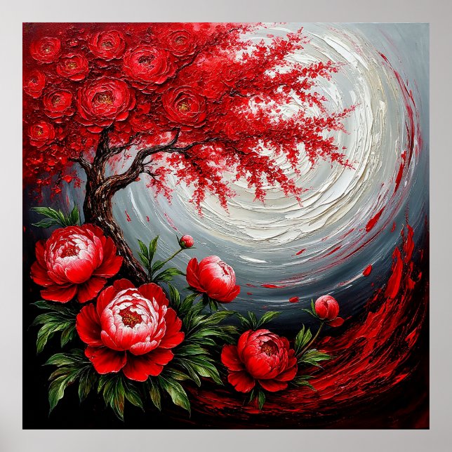 Póster Flores rojas y árbol contra un fondo arremolinado (Frente)