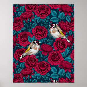 Póster Flores rojas y pájaros dorados