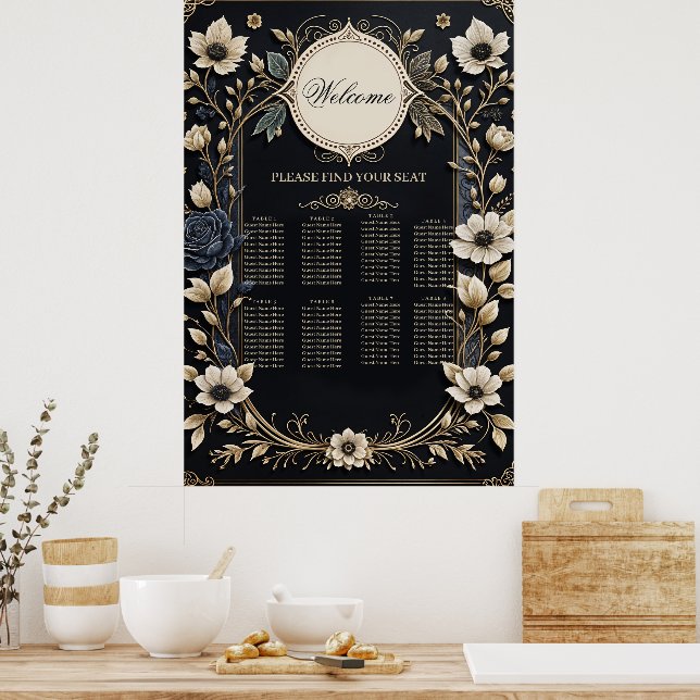 Póster Flores románticas brillantes sobre un fondo azul p (Cocina)