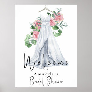 Póster Flores rosa elegantes y ducha de novia verde