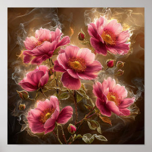 Póster 🌸 Flores Rosadas Brillantes Con Humo Suave Etéreo