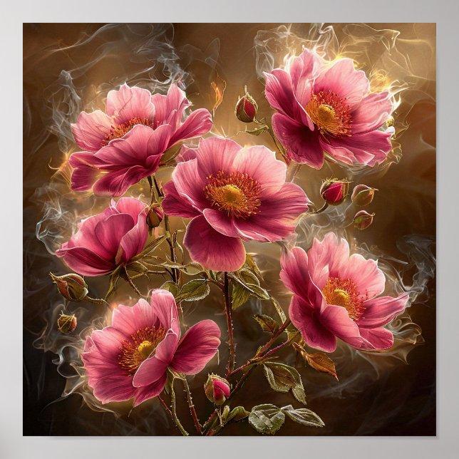 Póster 🌸 Flores Rosadas Brillantes Con Humo Suave Etéreo (Frente)