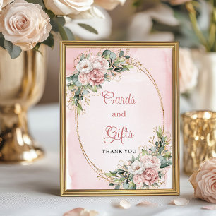 Póster Flores Rosadas con Brillo Dorado Tarjetas y Regalo