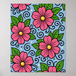 Póster Flores rosadas con hojas verdes y detalles curvos