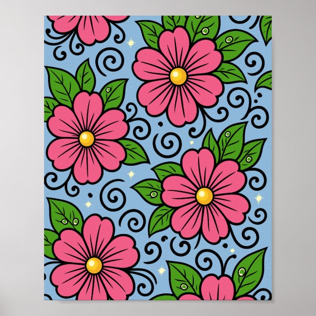 Póster Flores rosadas con hojas verdes y detalles curvos (Frente)