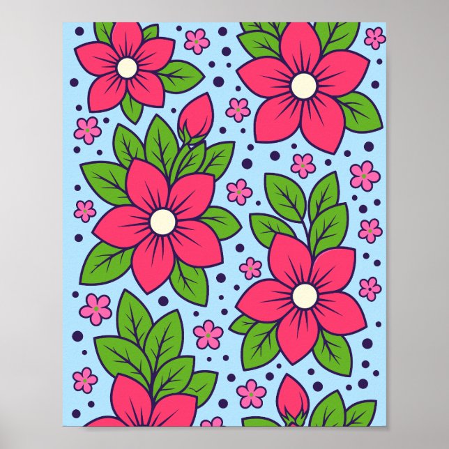 Póster Flores rosadas con pétalos audaces y hojas verdes (Frente)