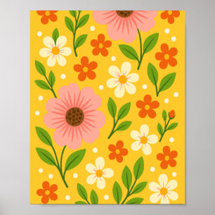 Póster Flores rosadas, crema y naranjas con hojas verdes