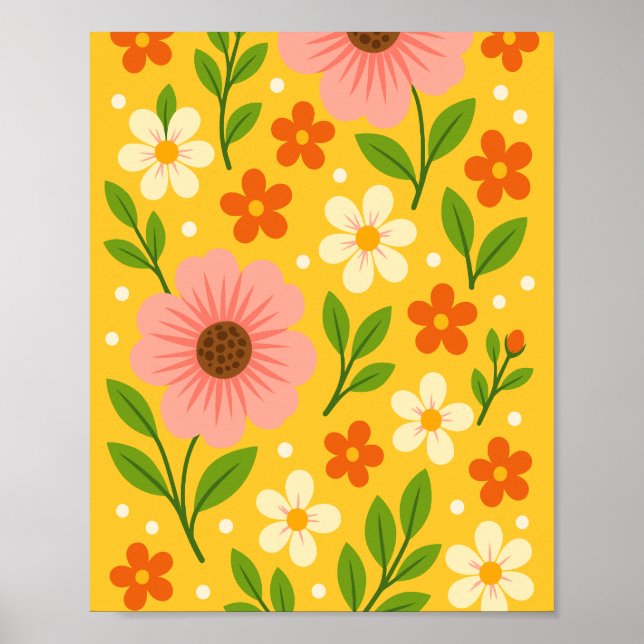 Póster Flores rosadas, crema y naranjas con hojas verdes (Frente)
