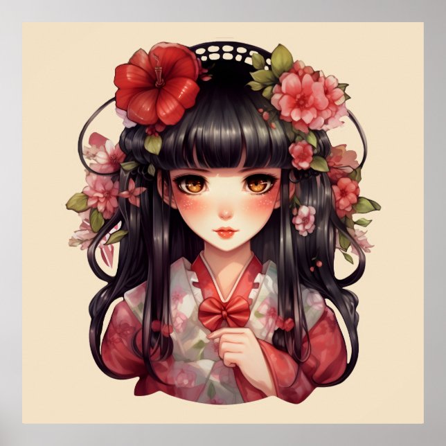 Póster Flores rosadas de chica anime (Frente)