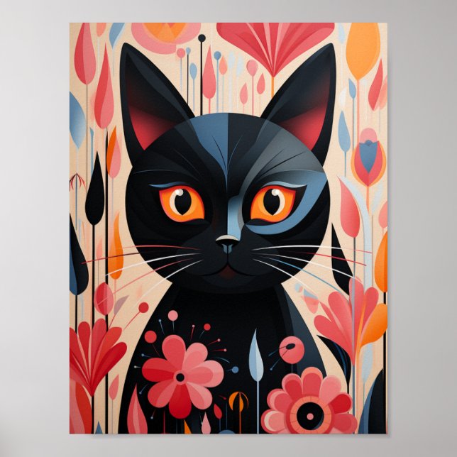 Póster Flores rosadas de gato negro (Frente)