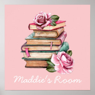 Póster Flores rosadas leyendo libro poster de cuarto de n