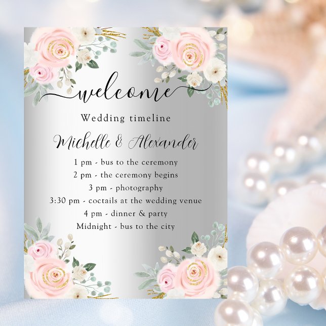 Póster Flores rosadas plateadas del programa de bodas (Subido por el creador)