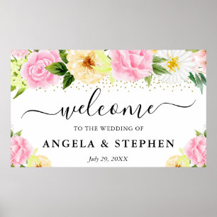 Póster Flores rosadas y amarillas Bienvenida de boda