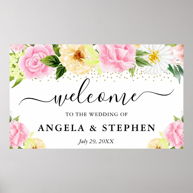 Póster Flores rosadas y amarillas Bienvenida de boda (Frente)