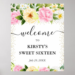 Póster Flores rosadas y amarillas Bienvenida Sweet 16