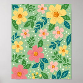 Póster Flores rosadas y amarillas con hojas verdes y azul