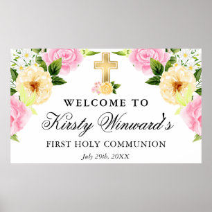 Póster Flores rosadas y amarillas Primera Comunión