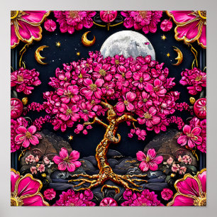 Póster Flores rosadas y luna