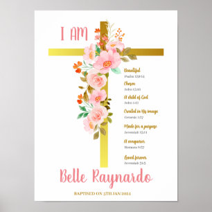 Póster Flores rosadas y rojas Chicas del bautismo en cruc