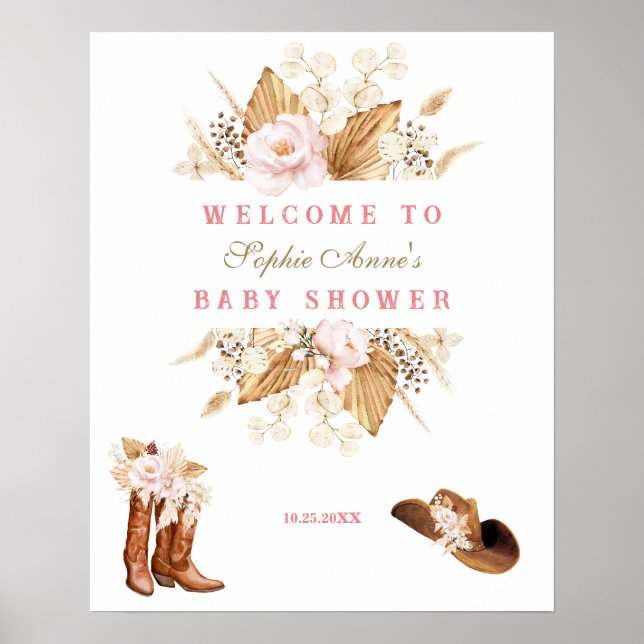 Póster Flores rosas Boots Baby Shower, signo de bienvenid (Frente)