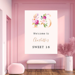Póster Flores rosas de color rosa número Dulce 16 bienven