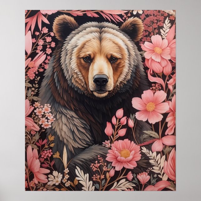 Póster Flores rosas de la mirada del oso marrón cautivado (Frente)