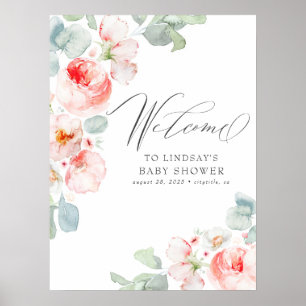 Póster Flores rosas elegante signo de bienvenida Baby Sho