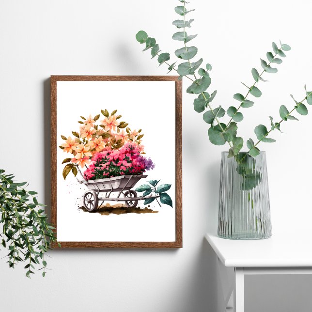 Póster Flores rosas en verde de barril de rueda blanca (Peach Pink Flowers in Wheelbarrel Watercolor Art poster.)