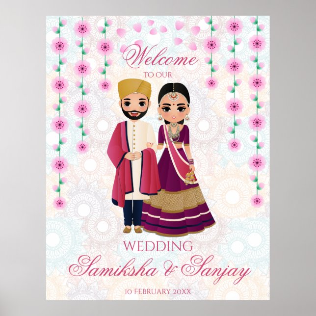 Póster Flores rosas mandalas ilustracion de pareja india (Frente)