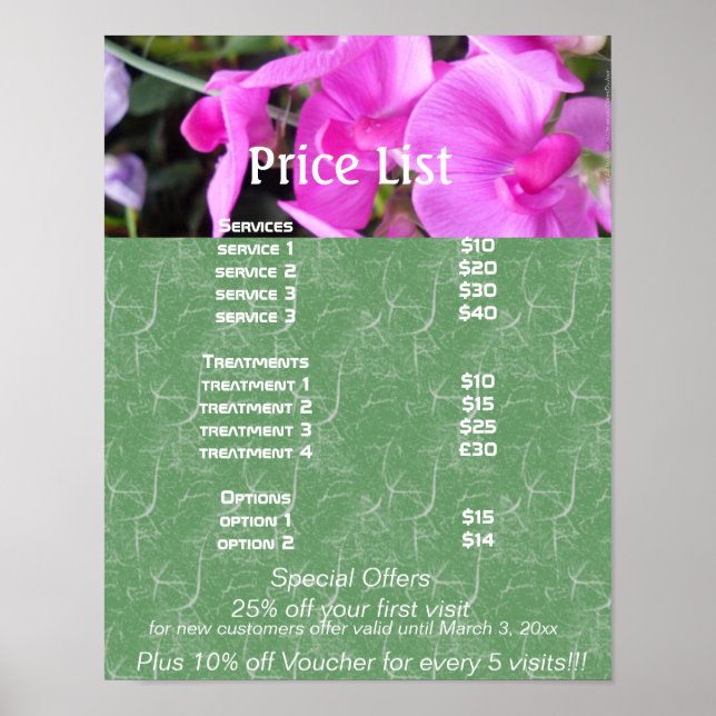 Póster Flores rosas Reiki zen precio de los servicios (Frente)