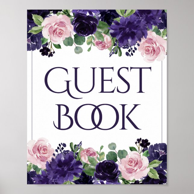 Póster Flores | Rótulo de libros para invitados morados y (Frente)