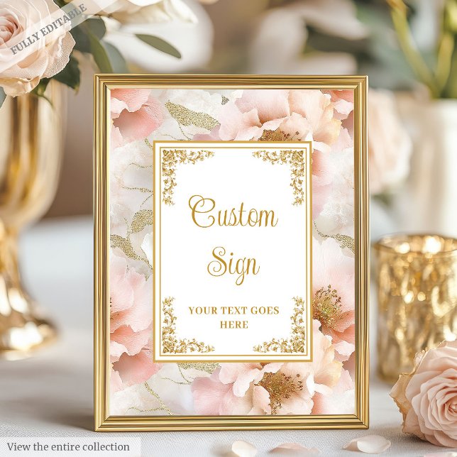 Póster Flores ruidosas modernas con acentos dorados signo (Modern blush flowers with gold accents custom sign)
