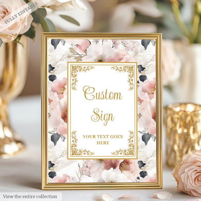 Póster Flores ruidosas y señas del personalizado boda dor (Dainty blush flowers and gold wedding custom sign)