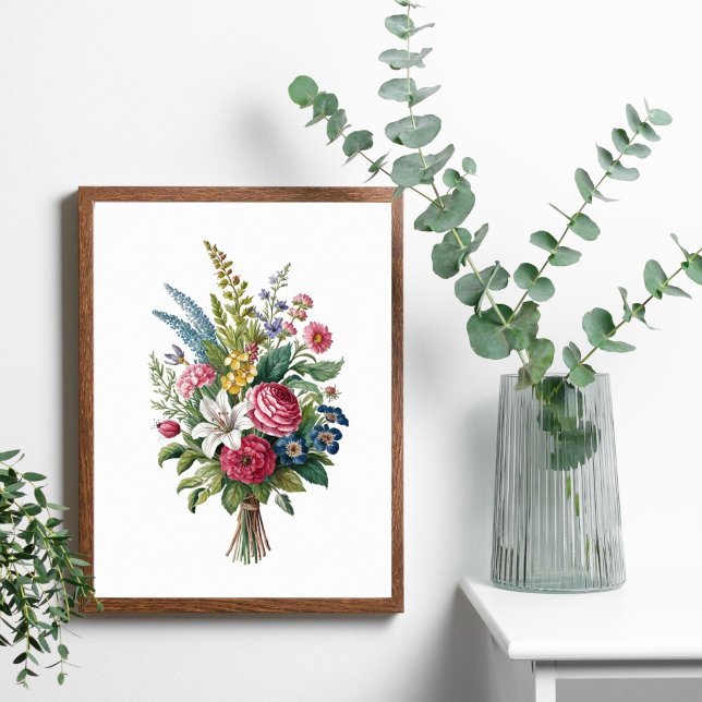 Póster Flores salvajes amarillas blancas amarillas rosada (Vintage Wildflowers poster print. Colors are Pink Blue Yellow and White. Printed or Digital Download)