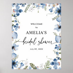 Póster Flores salvajes azules ducha de novia signo de bie