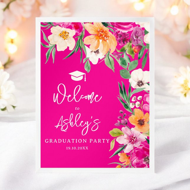 Póster Flores salvajes brillantes bienvenida graduación r (Bright wild flowers pink graduation welcome poster)