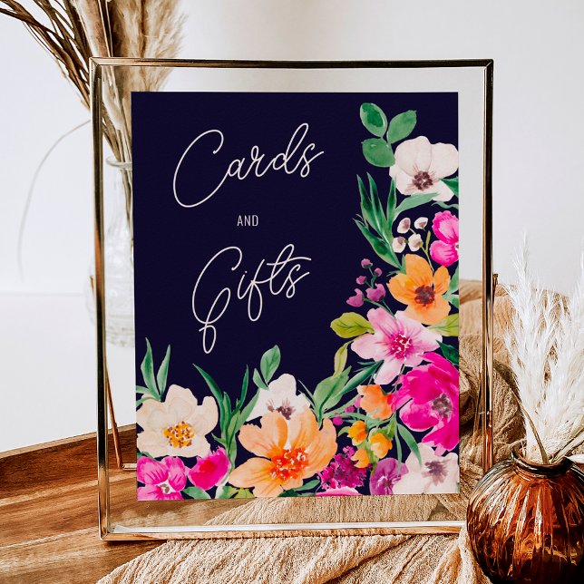 Póster Flores salvajes brillantes bienvenidas a la ducha  (Bright bold wild flowers welcome bridal shower poster on navy blue)