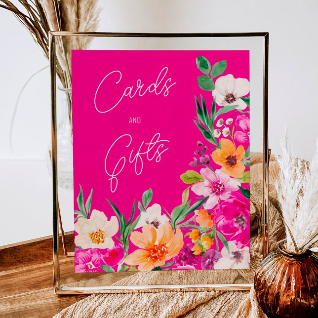 Póster Flores salvajes brillantes bienvenidas a la ducha  (Bright bold wild flowers welcome bridal shower poster on neon pink)