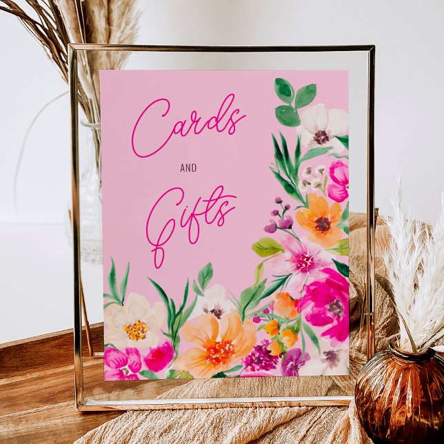 Póster Flores salvajes brillantes bienvenidas a la ducha  (Bright bold wild flowers welcome bridal shower poster on pastel pink)