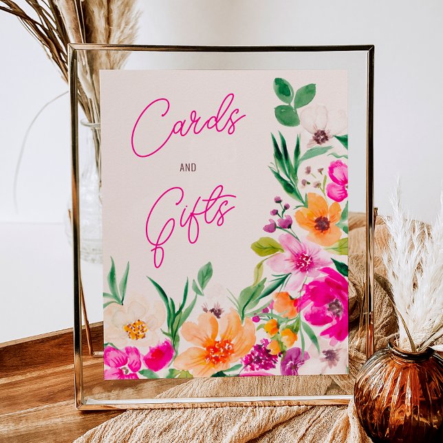 Póster Flores salvajes brillantes bienvenidas a la ducha  (Bright bold wild flowers welcome bridal shower poster on pink)