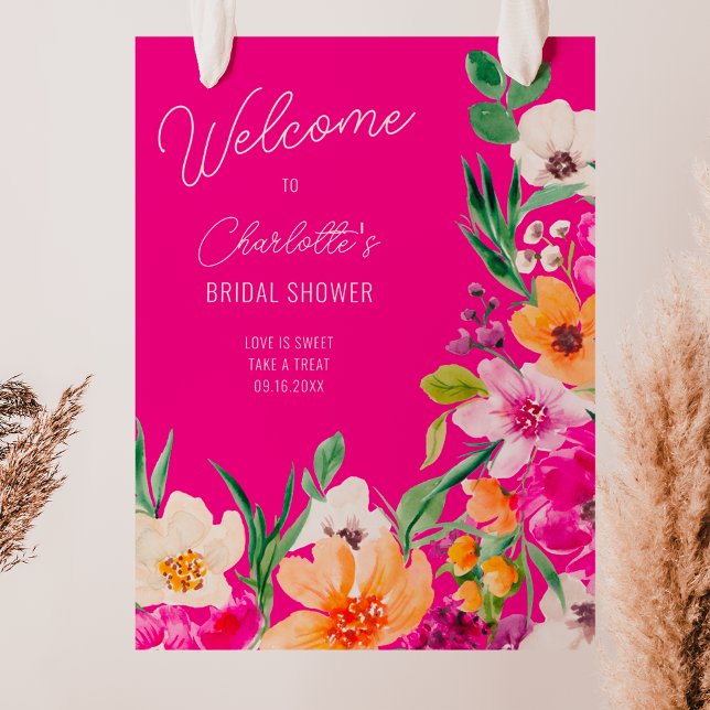 Póster Flores salvajes brillantes bienvenidas a la ducha  (Bright bold wild flowers welcome bridal shower poster on neon pink)