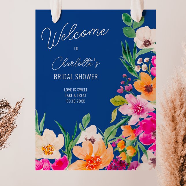 Póster Flores salvajes brillantes bienvenidas a la ducha  (Bright bold wild flowers welcome bridal shower poster on blue)