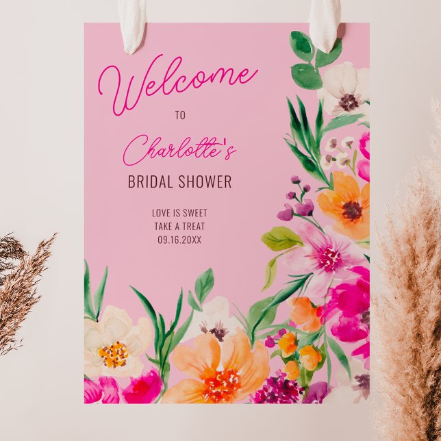 Póster Flores salvajes brillantes bienvenidas a la ducha  (Bright bold wild flowers welcome bridal shower poster on pink)