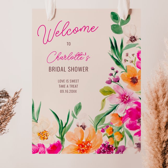 Póster Flores salvajes brillantes bienvenidas a la ducha  (Bright bold wild flowers welcome bridal shower poster on ivory beige)