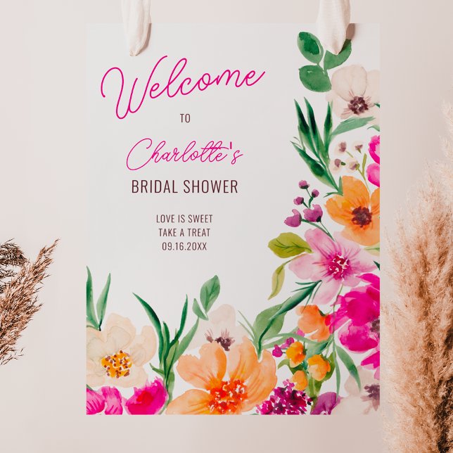 Póster Flores salvajes brillantes bienvenidas a la ducha  (Bright bold wild flowers welcome bridal shower poster on white)