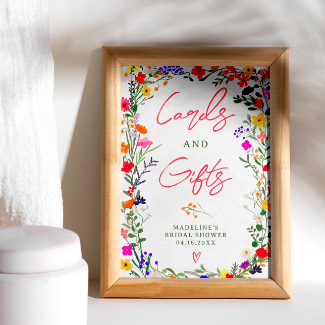Póster Flores salvajes brillantes de boho moderno signo d (Modern boho bright wild flowers bridal sign)