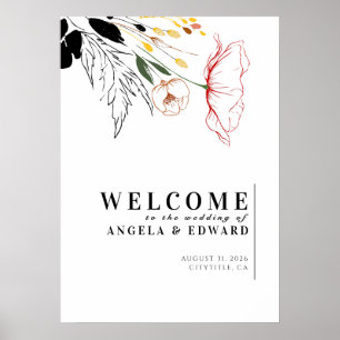 Póster Flores salvajes elegante signo de bienvenida Boda