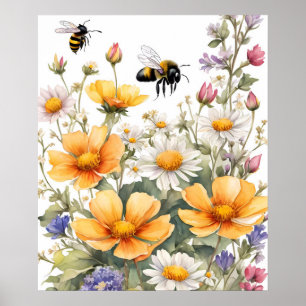 Póster Flores salvajes y acuarela de abejas melíferas