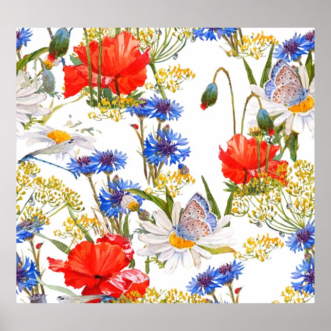 Póster Flores silvestres: acuarela azul oscuro sin costur (Frente)